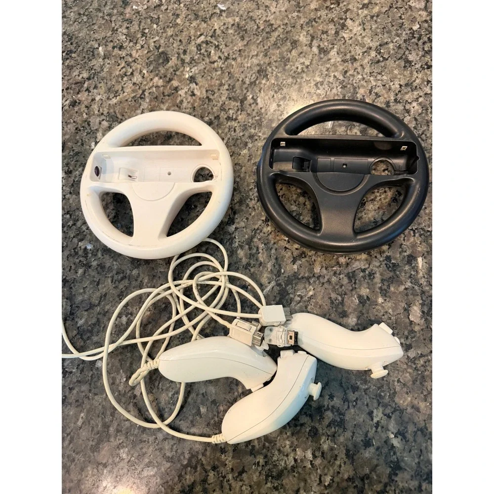 Nintendo Wii Accessory Lot 2 Racing Wheels Black White & 3 Nunchuck Controllers